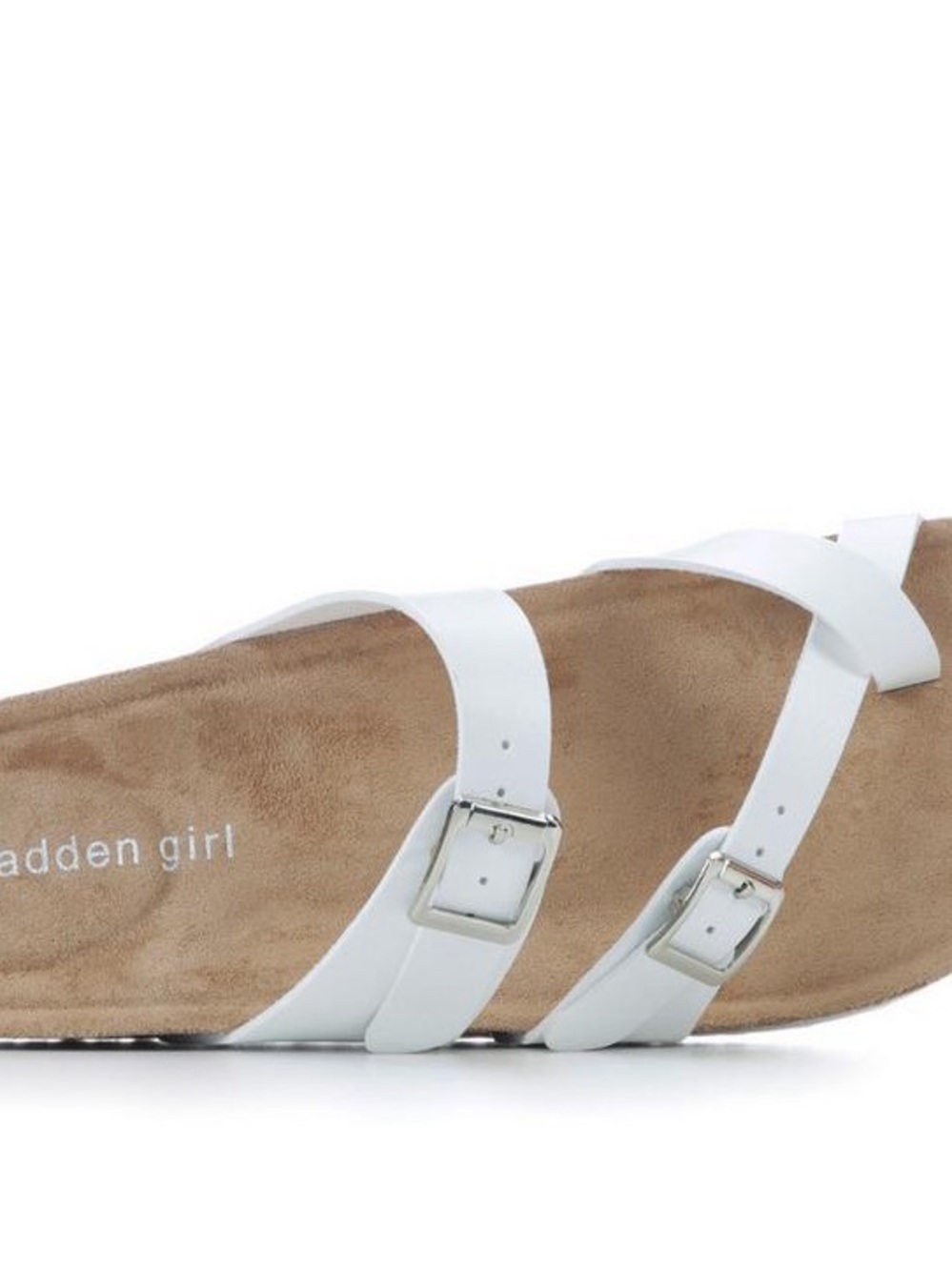 MADDEN GIRL White Buckle Strap Slide Sandals for Women